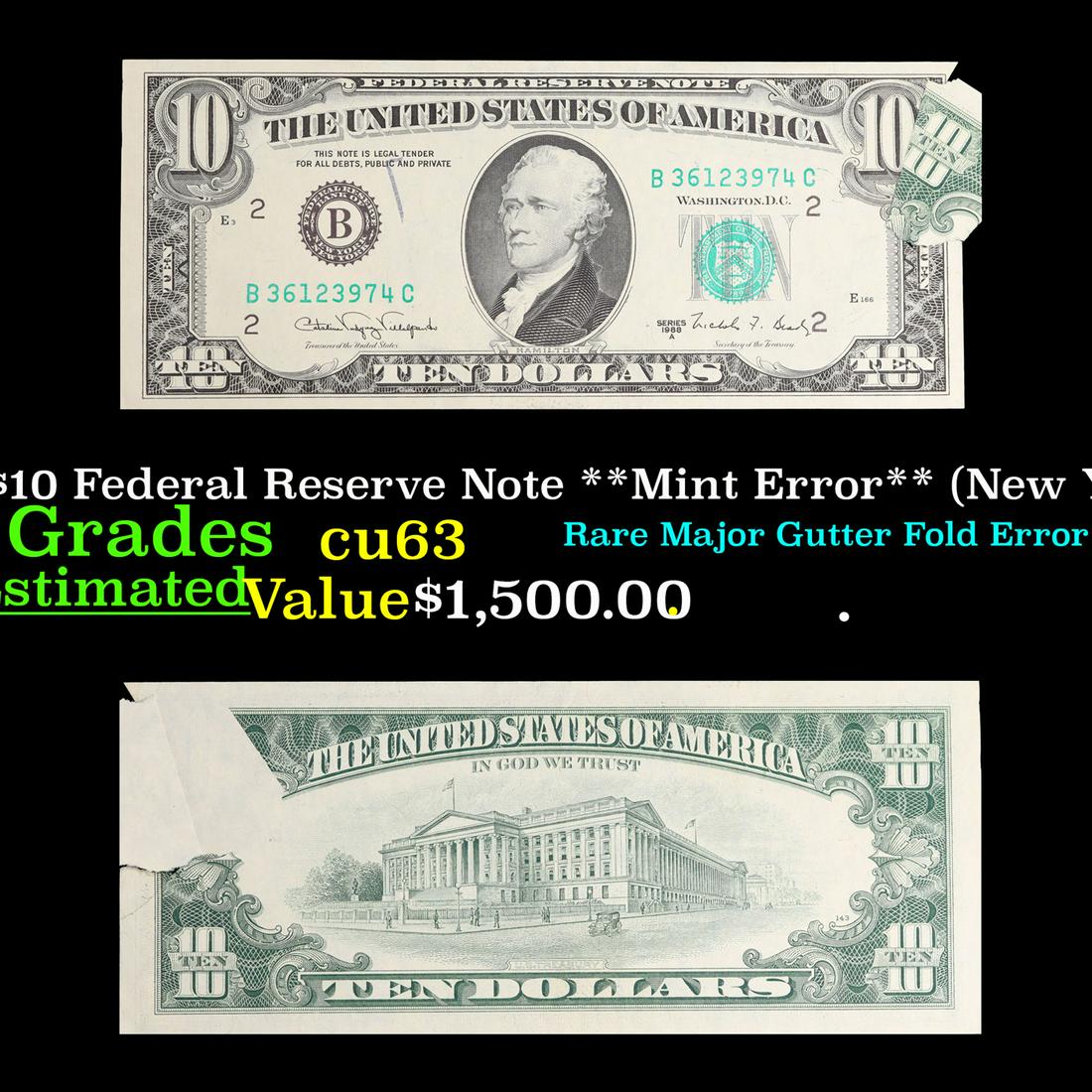 ***Auction Highlight*** 1988A $10 Federal Reserve Note **Mint Error** (New York, NY) Grades Select (1 of 3)