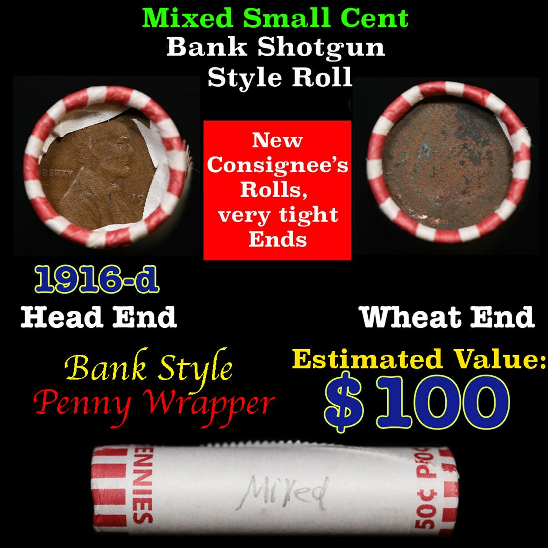 Mixed small cents 1c orig shotgun roll, 1916-d Lincoln Cent,Wheat Cent other end, Brinks Wrapper.: Mixed small cents 1c orig shotgun roll, 1916-d Lincoln Cent,Wheat Cent other end, Brinks Wrapper.. The roll is held in an old Rare & Collectable Brinks 'Only Brinks Can Open This Safe, Chicago IL' Pen