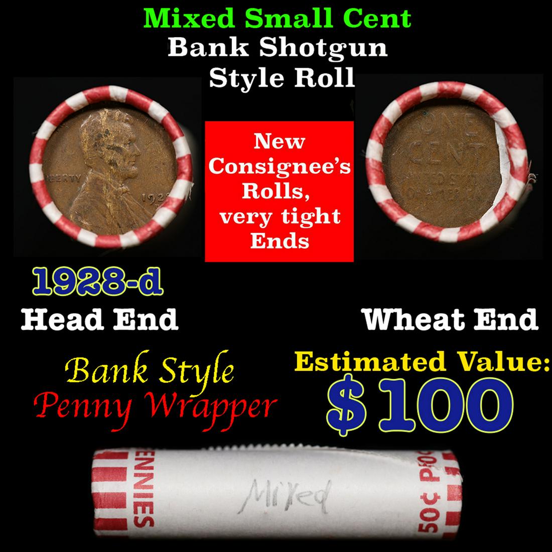 Mixed small cents 1c orig shotgun roll, 1928-d Lincoln Cent, Wheat Cent other end, Brinks Wrapper.: Mixed small cents 1c orig shotgun roll, 1928-d Lincoln Cent, Wheat Cent other end, Brinks Wrapper.. The roll is held in an old Rare & Collectable Brinks 'Only Brinks Can Open This Safe, Chicago IL' Pe