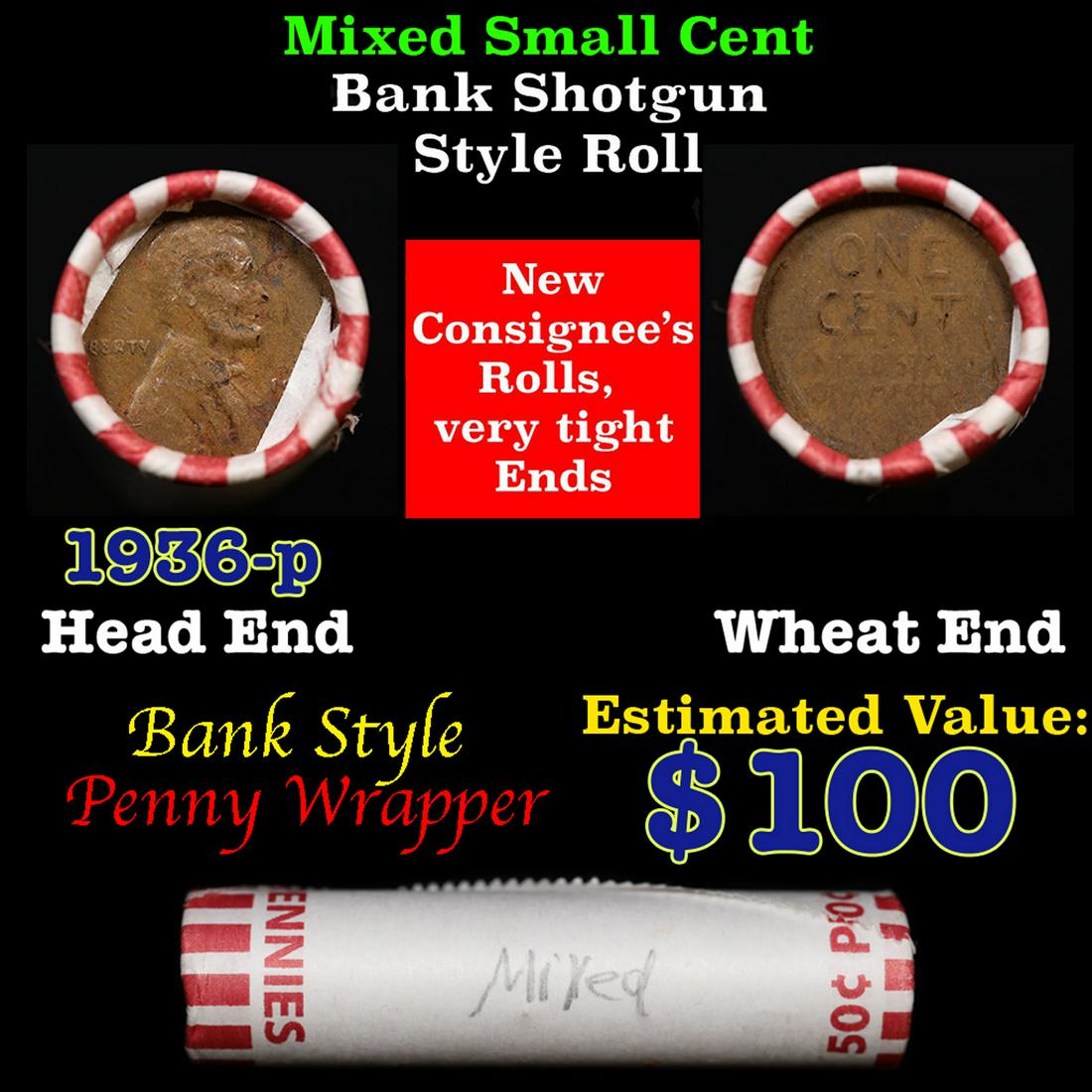 Mixed small cents 1c orig shotgun roll, 1936-p Lincoln Cent, Wheat Cent other end, Brinks Wrapper.: Mixed small cents 1c orig shotgun roll, 1936-p Lincoln Cent, Wheat Cent other end, Brinks Wrapper.. The roll is held in an old Rare & Collectable Brinks 'Only Brinks Can Open This Safe, Chicago IL' Pe