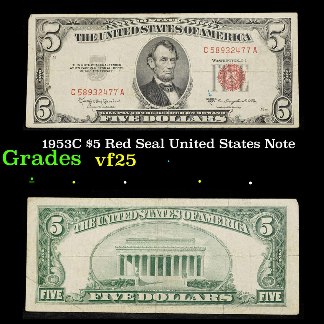 1953C $5 Red Seal United States Note Grades vf+ (1 of 3)