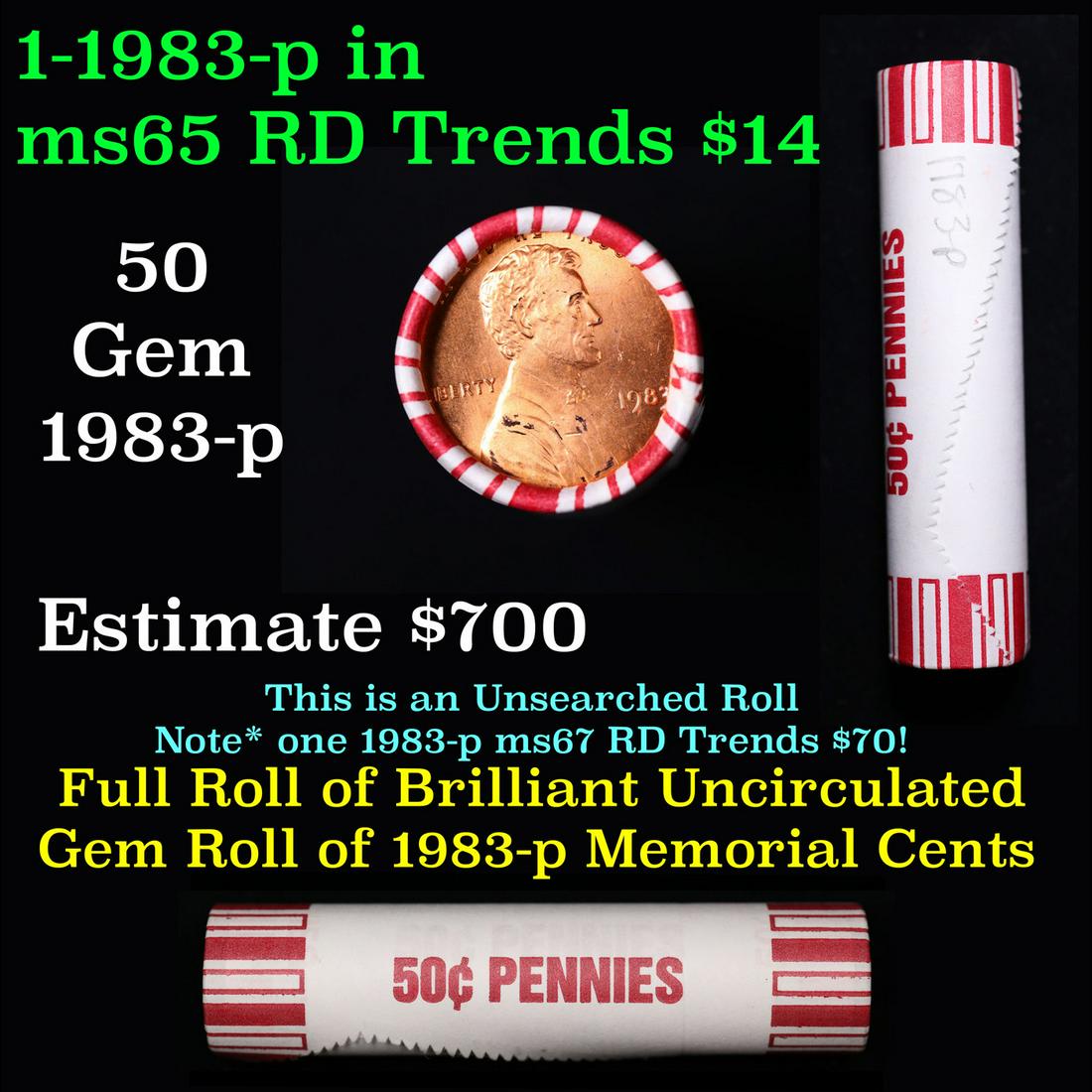 Shotgun Lincoln 1c roll, 1983-p 50 pcs Brandt 50c Wrapper.: Shotgun Lincoln 1c roll, 1983-p 50 pcs Brandt 50c Wrapper.. A terrific Shotgun roll of Lincoln cents. Most if not all coin should be cherry red.