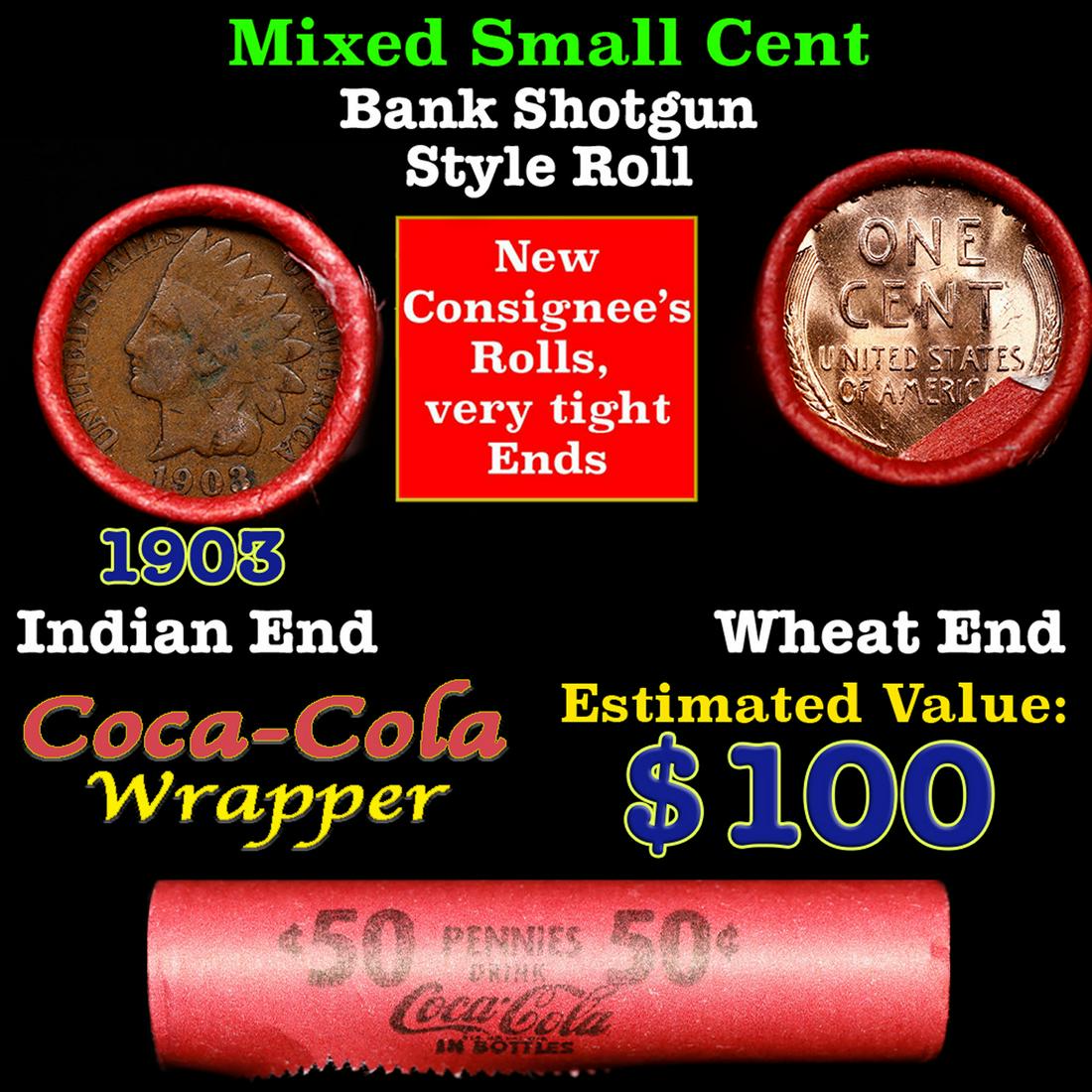 Mixed small cents 1c orig shotgun roll, Wheat Cent, 1903 Indian Cent other end, Coca Cola Brandt: Mixed small cents 1c orig shotgun roll, Wheat Cent, 1903 Indian Cent other end, Coca Cola Brandt Wrapper.. The roll is held in an old Rare & Collectable Brinks 'Only Brinks Can Open This Safe, Chicago