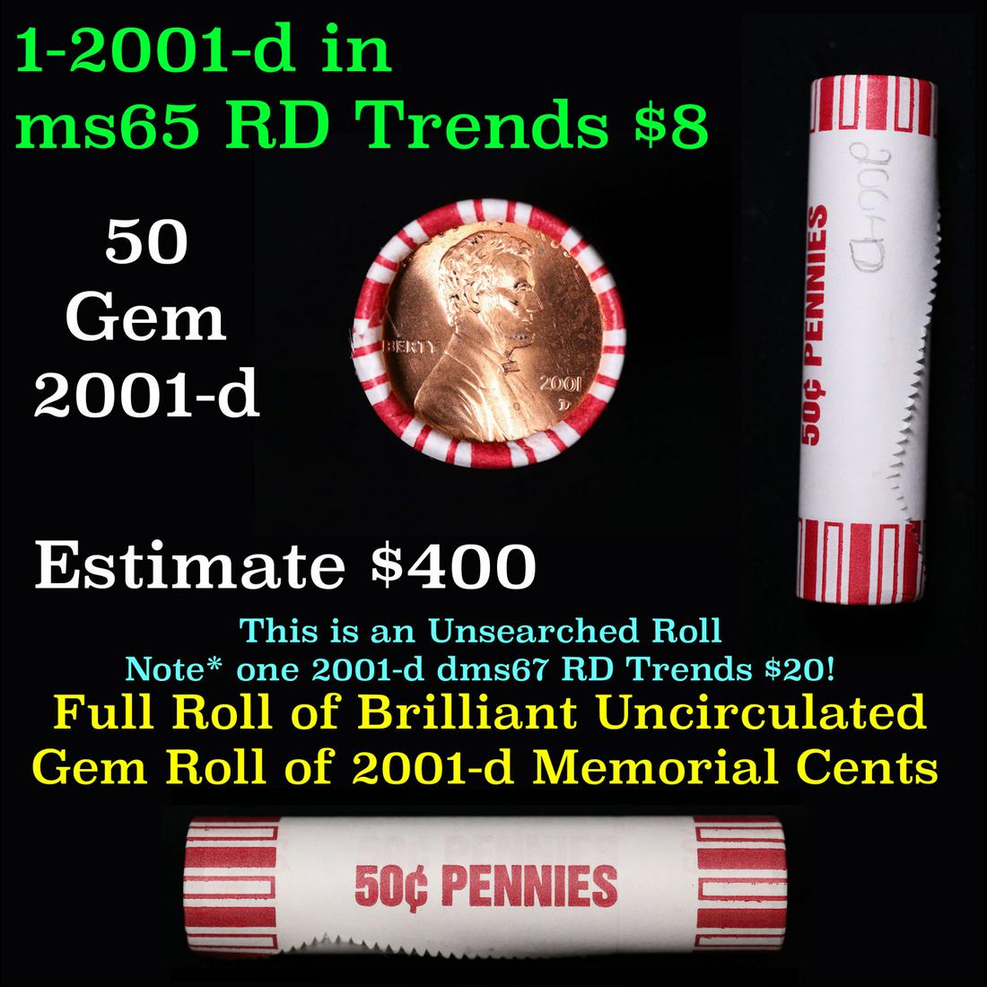 Shotgun Lincoln 1c roll, 2001-d 50 pcs Brandt 50c Wrapper.: Shotgun Lincoln 1c roll, 2001-d 50 pcs Brandt 50c Wrapper.. A terrific Shotgun roll of Lincoln cents. Most if not all coin should be cherry red.