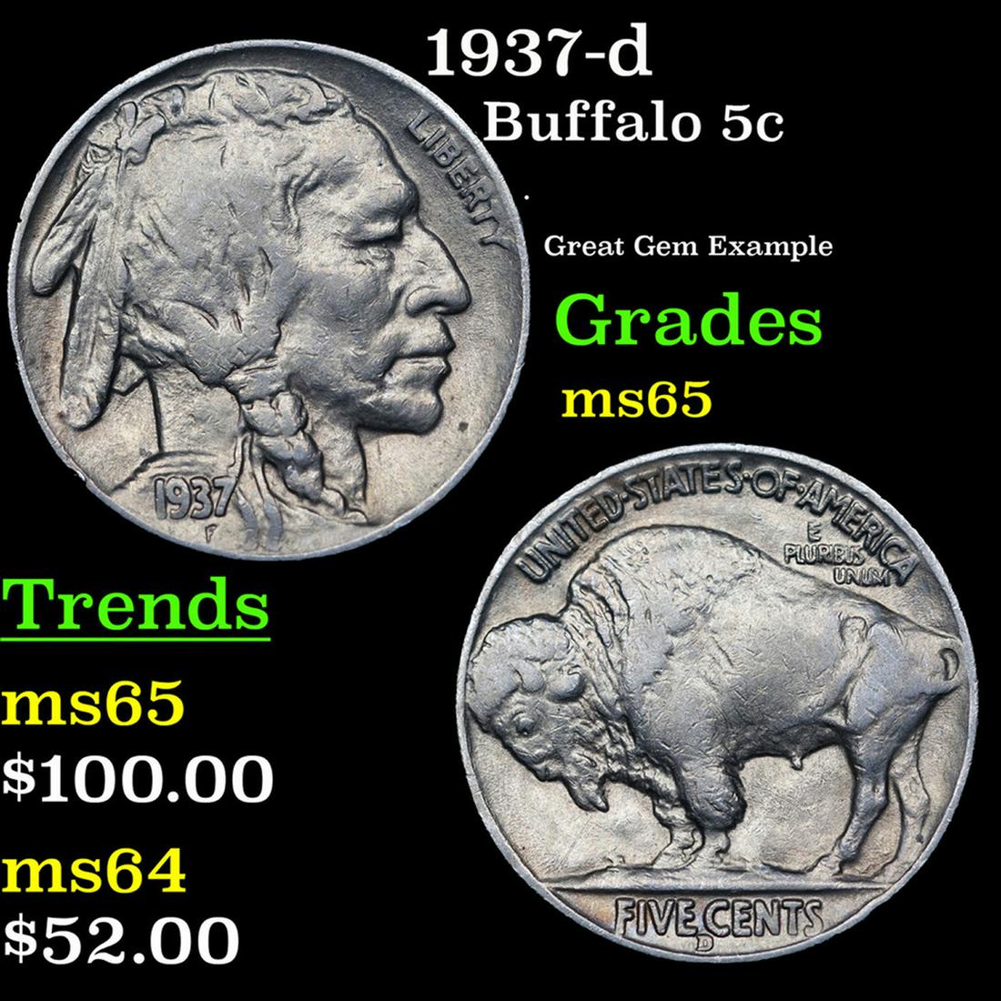 1937-d Buffalo Nickel 5c Grades GEM Unc (1 of 3)
