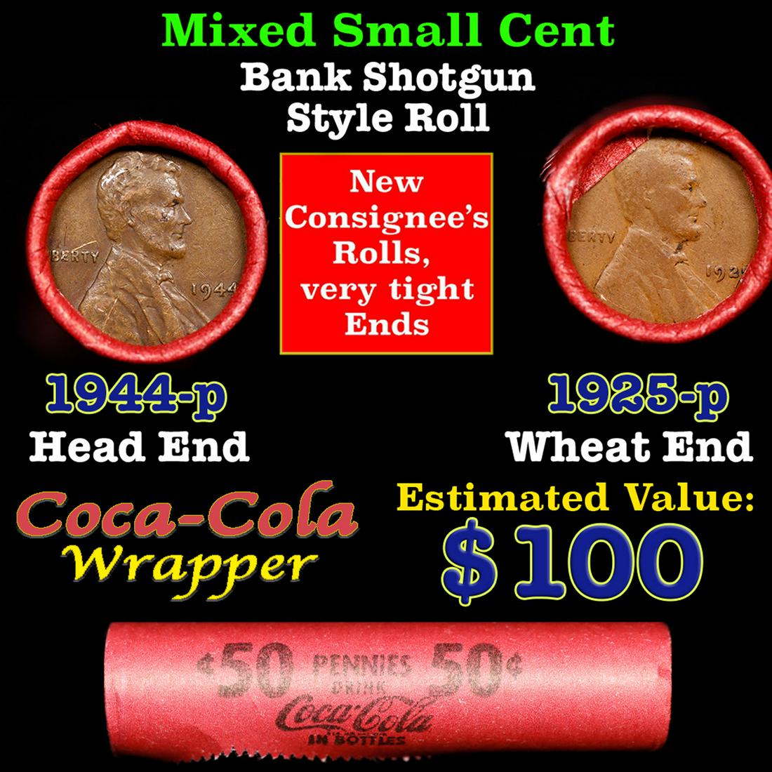 Mixed small cents 1c orig shotgun roll, 1925-p Lincoln Cent, 1944-p Lincoln Cent other end, Coca (1 of 3)