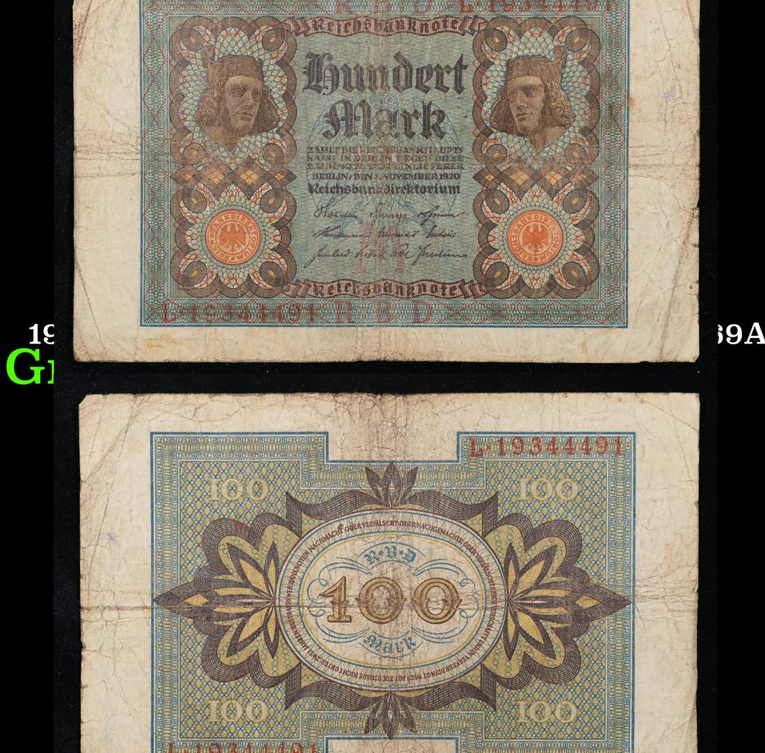 1920  Weimar Germany 100 Mark Note P: 69A Grades f+ (1 of 3)