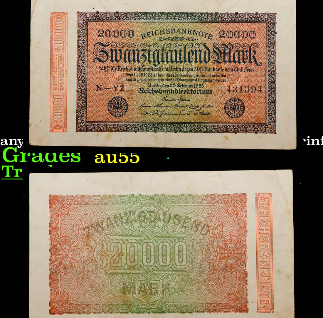 1923 G+D291:E300ermany (Weimar) 20,000 Marks Post-WWI Hyperinflation Banknote P# 85a Grades Choice: 1923 G+D291:E300ermany (Weimar) 20,000 Marks Post-WWI Hyperinflation Banknote P# 85a Grades Choice AU. In the early 1920s, post-WWI Germany saw its economy spiraling out of control. Hyperinflation sta