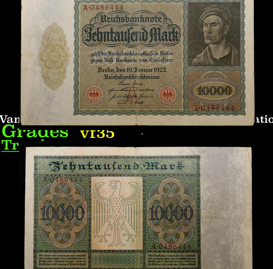 1922 Germany "Vampire" 10,000 Marks Post-WWI Hyperinflation Banknote P# 70 Grades vf++ (1 of 3)
