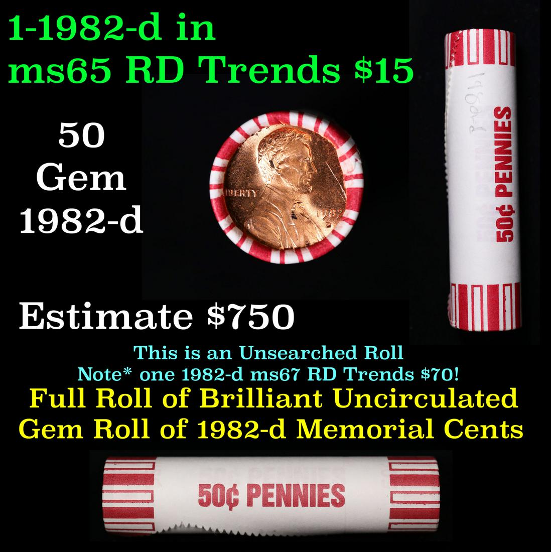 Shotgun Lincoln 1c roll, 1982-d 50 pcs Brandt 50c Wrapper.: Shotgun Lincoln 1c roll, 1982-d 50 pcs Brandt 50c Wrapper.. A terrific Shotgun roll of Lincoln cents. Most if not all coin should be cherry red.