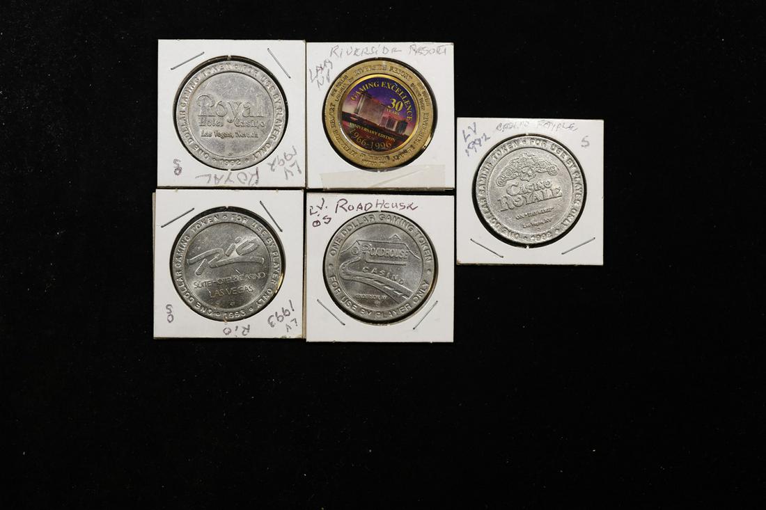 Group of 5 Casino Tokens: Group of 5 Casino Tokens. Tokens include Rio Las Vegas 1993, Riverside Resort 1996 30 Year Anniversary, Roadhouse Las Vegas, Casino Royale Las Vegas 1992, Royal Las Vegas 1992.