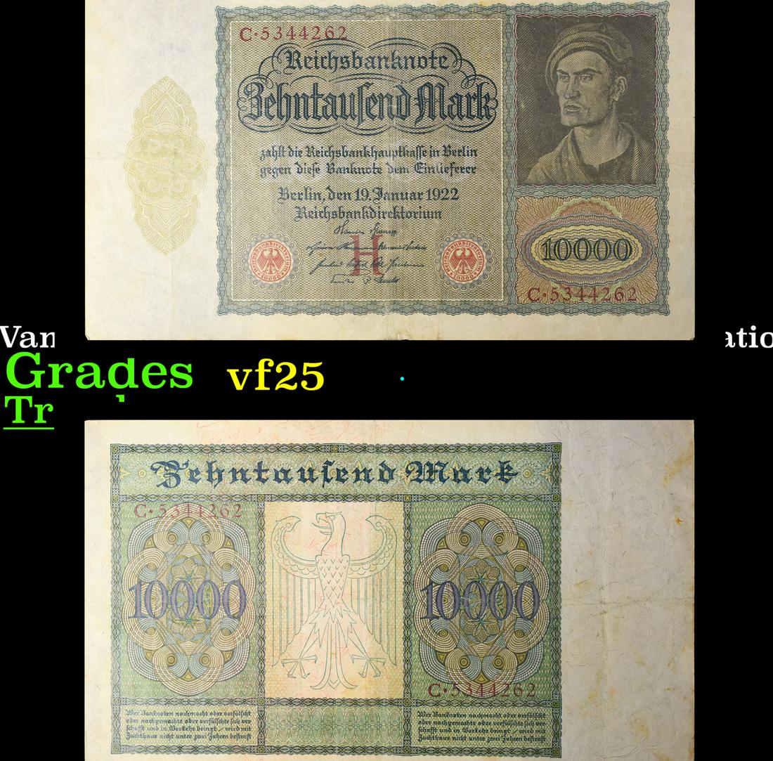 1922 Germany "Vampire" 10,000 Marks Post-WWI Hyperinflation Banknote P# 70 Grades vf+ (1 of 3)