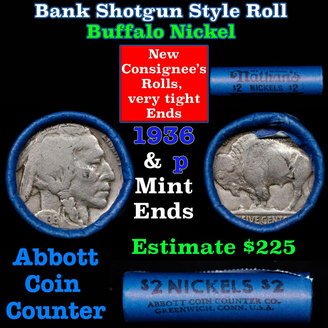 Buffalo Nickel Shotgun Roll in Old Bank Style ' Nathan's Abbott Coin Counter' Wrapper 1936 & p Mint (1 of 3)