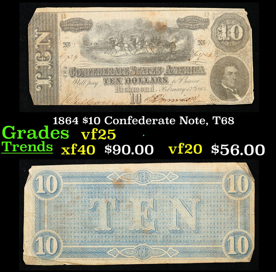 1864 $10 Confederate Note, T68 Grades vf+ (1 of 3)