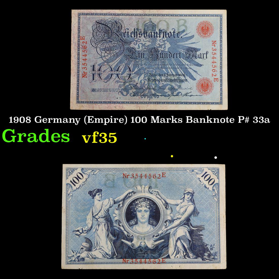 1908 Germany (Empire) 100 Marks Banknote P# 33a Grades vf++ (1 of 3)