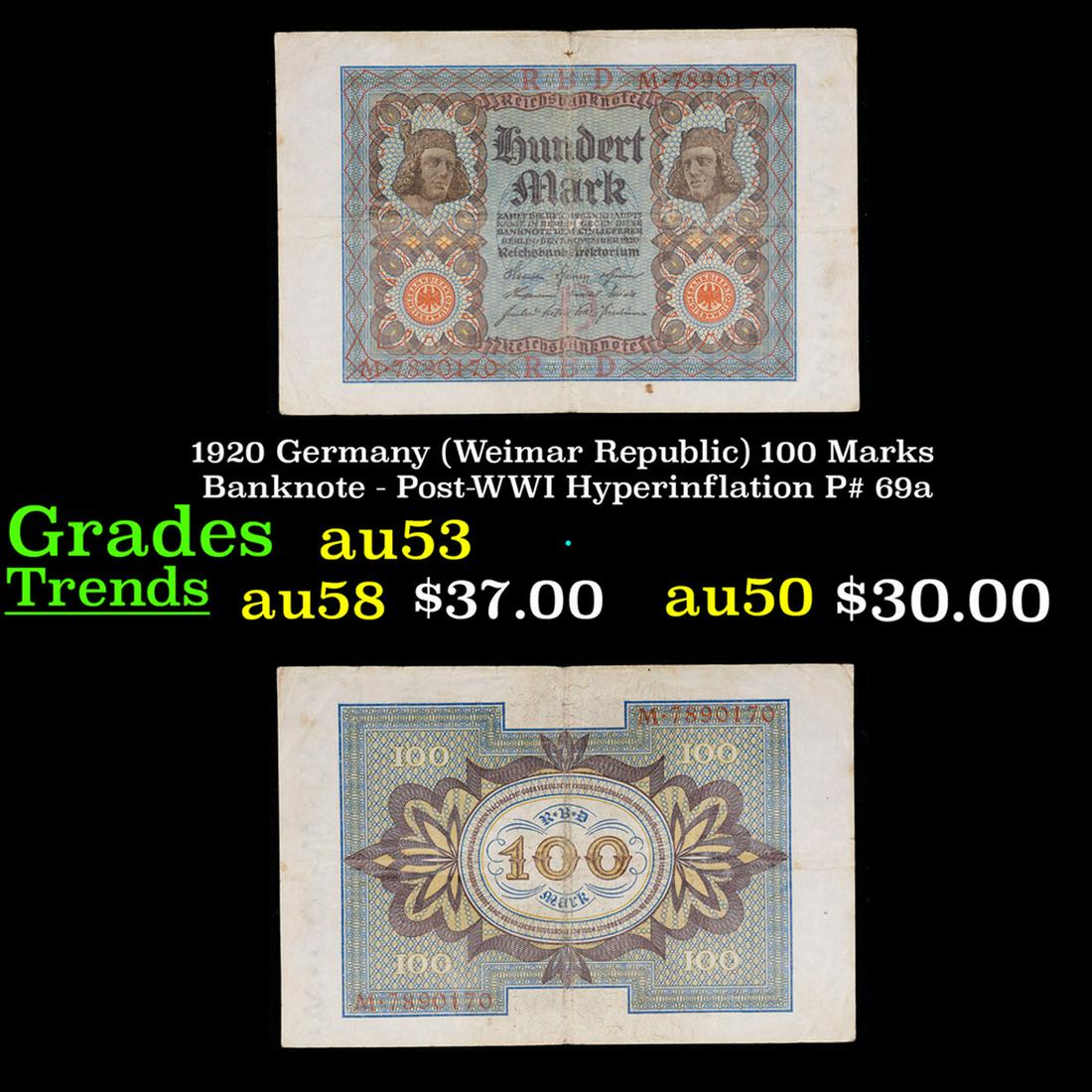 1920 Germany (Weimar Republic) 100 Marks Banknote - Post-WWI Hyperinflation P# 69a Grades Select AU (1 of 3)