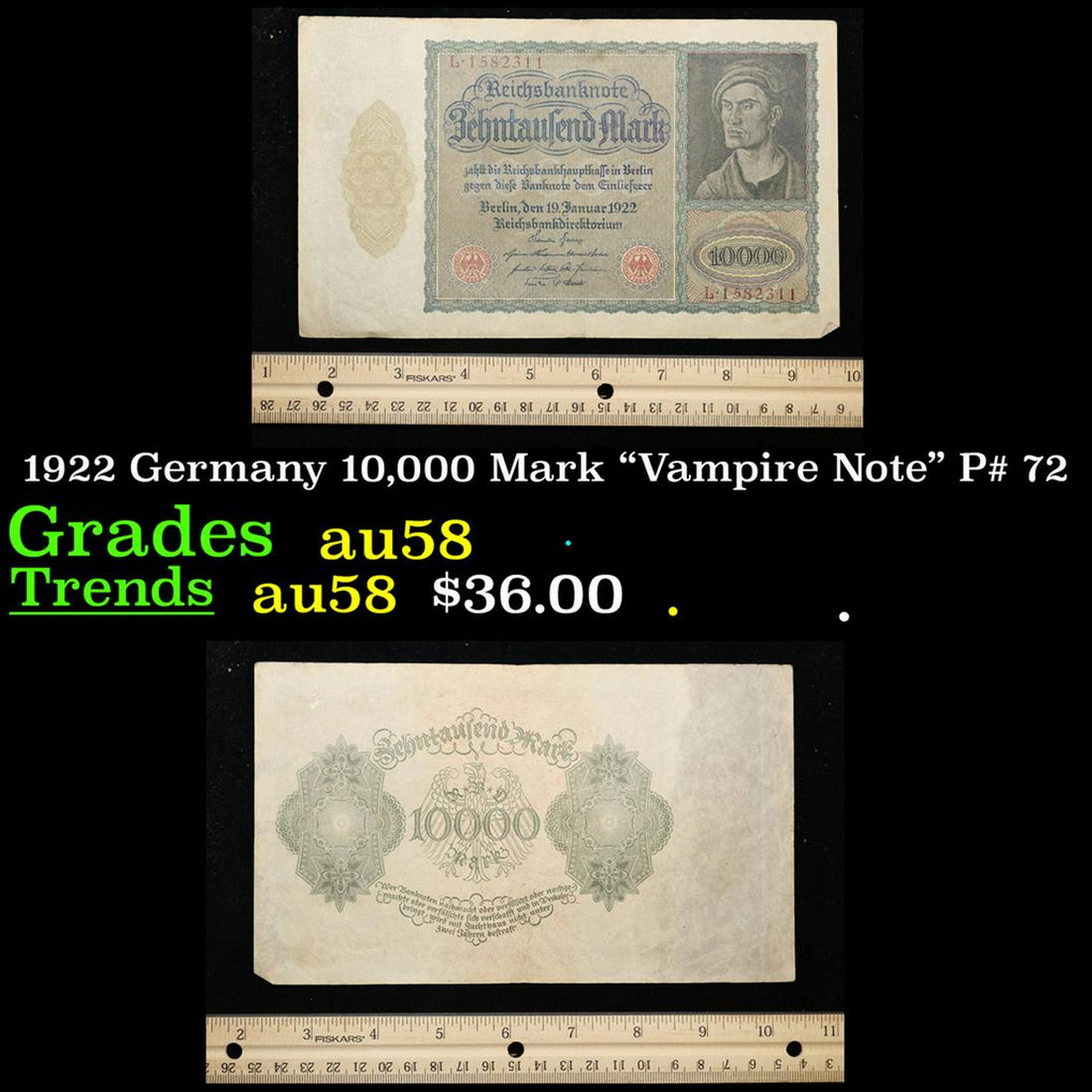 1922 Germany 10,000 Mark "Vampire Note" P# 72 Grades Choice AU/BU Slider (1 of 3)