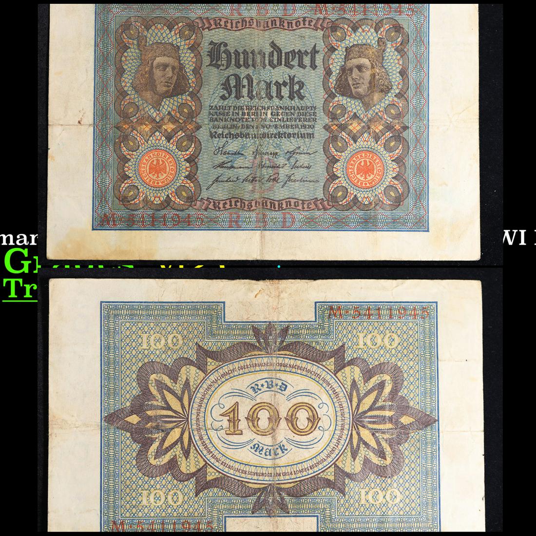 1920 Germany (Weimar Republic) 100 Marks Banknote - Post-WWI Hyperinflation P# 69a Grades vf+ (1 of 3)