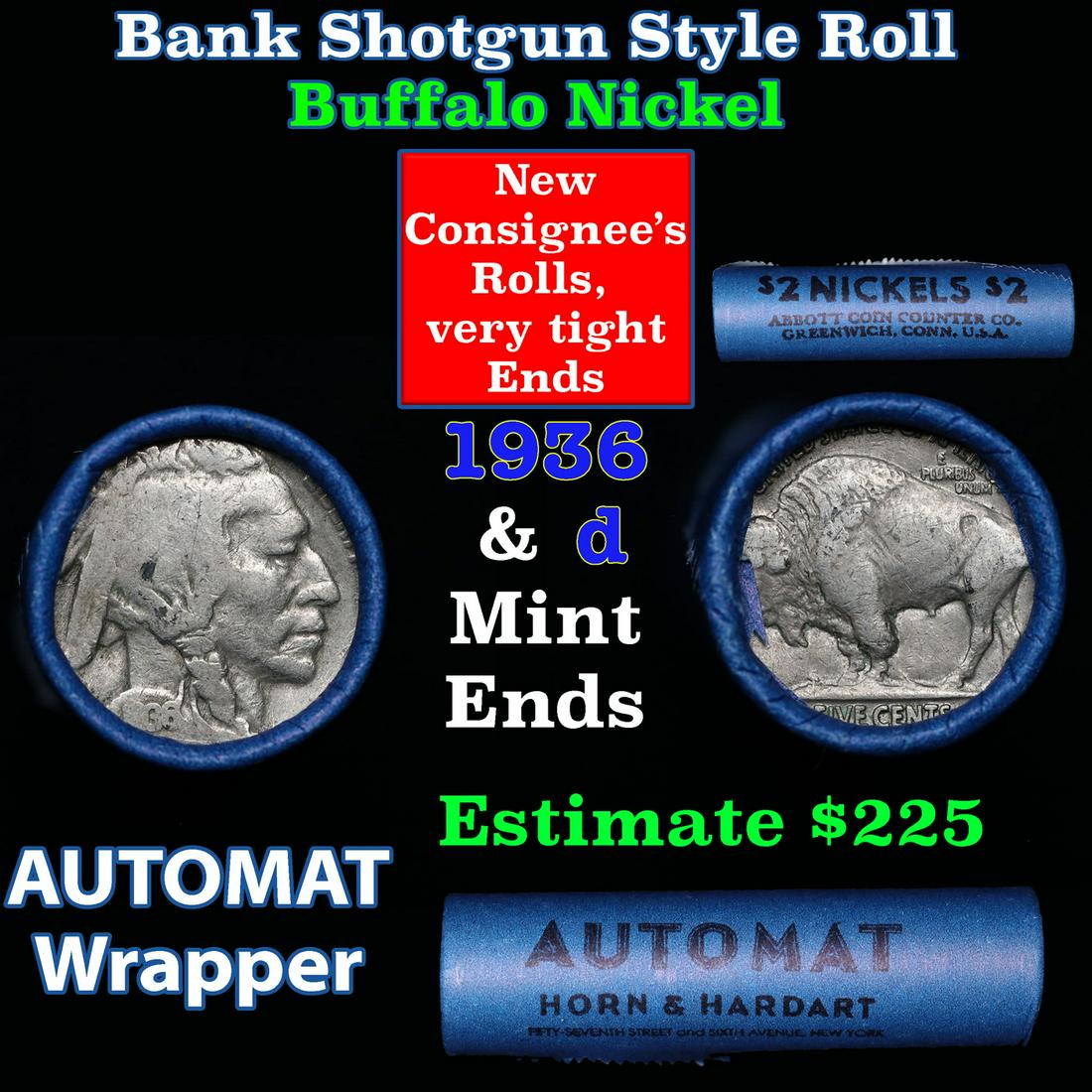 Buffalo Nickel Shotgun Roll in Old Bank Style 'Abbott Coin Counter & AutoMat' Wrapper 1936 & p Mint (1 of 3)