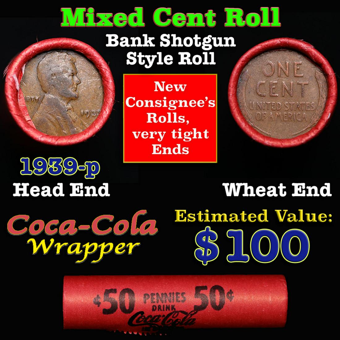 Mixed small cents 1c orig shotgun roll, 1939-p Lincoln Cent, Wheat Cent other end, Coca-Cola Brandt: Mixed small cents 1c orig shotgun roll, 1939-p Lincoln Cent, Wheat Cent other end, Coca-Cola Brandt Wrapper.. The roll is held in an old Rare & Collectable Brinks 'Only Brinks Can Open This Safe, Chic