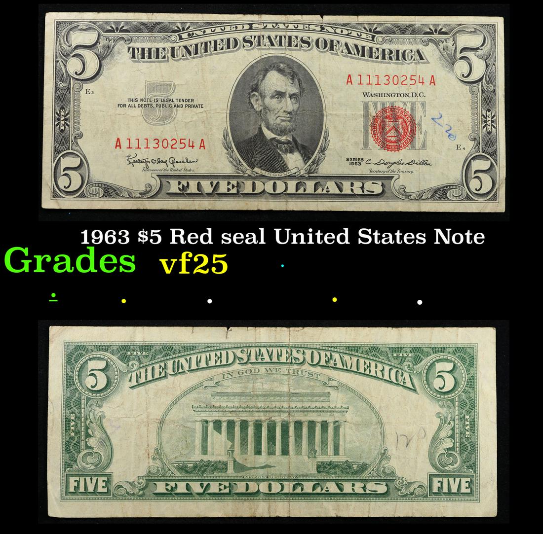 1963 $5 Red seal United States Note Grades vf+ (1 of 3)