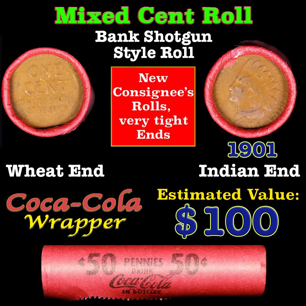 Mixed small cents 1c orig shotgun roll, Wheat Cent, 1901 Indian Cent other end, Coca Cola Brandt: Mixed small cents 1c orig shotgun roll, Wheat Cent, 1901 Indian Cent other end, Coca Cola Brandt Wrapper.. The roll is held in an old Rare & Collectable Brinks 'Only Brinks Can Open This Safe, Chicago