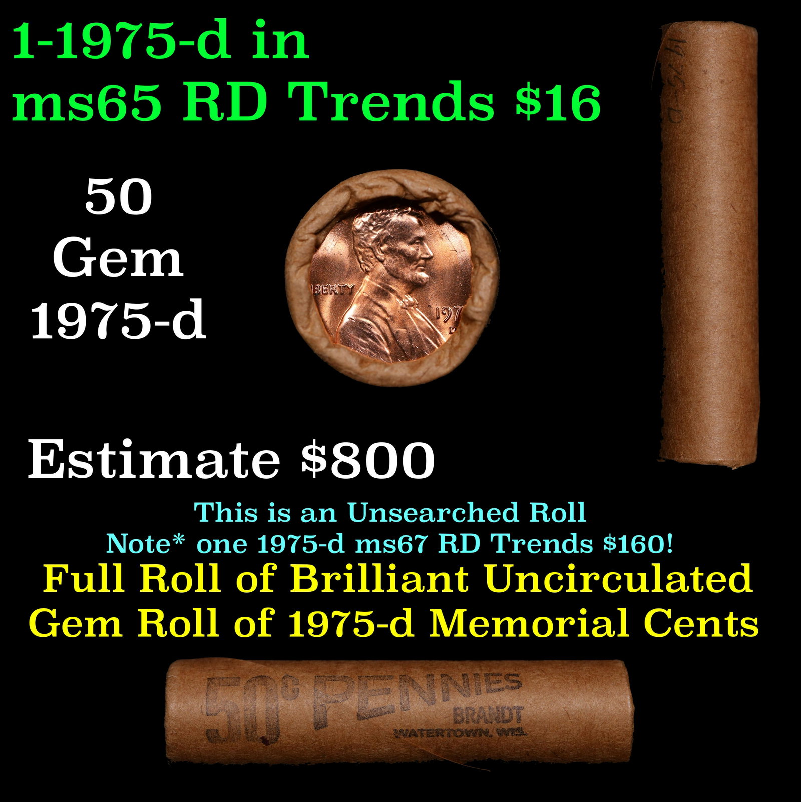 Shotgun Lincoln 1c roll, 1975-d 50 pcs Brandt Wrapper.: Shotgun Lincoln 1c roll, 1975-d 50 pcs Brandt Wrapper.. A terrific Shotgun roll of Lincoln cents. Most if not all coin should be cherry red.