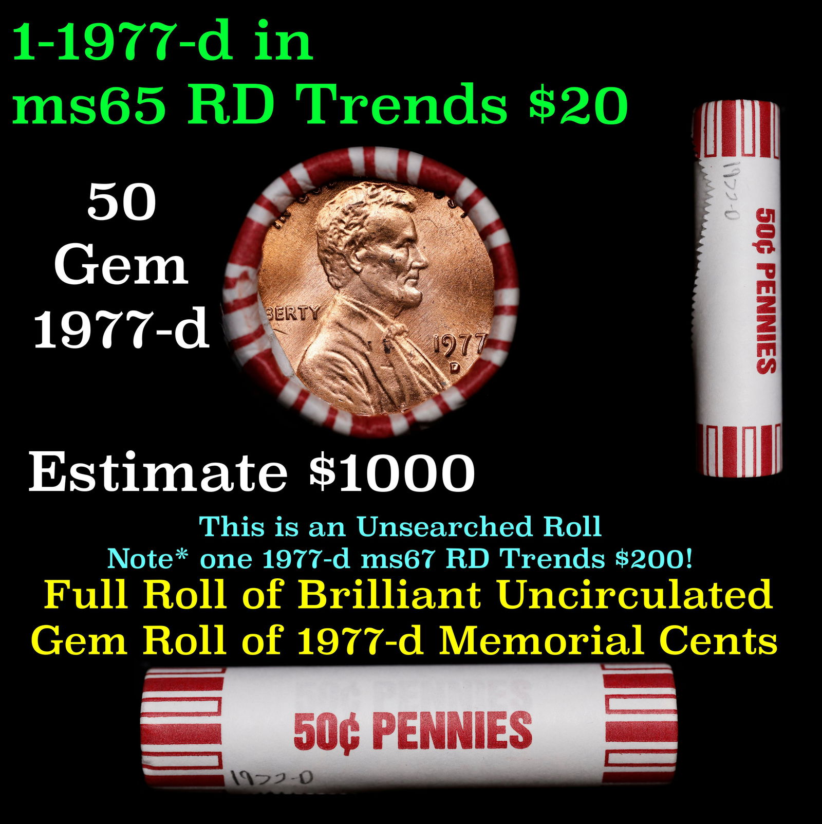 Shotgun Lincoln 1c roll, 1977-d 50 pcs Brandt 50c Wrapper. (1 of 3)