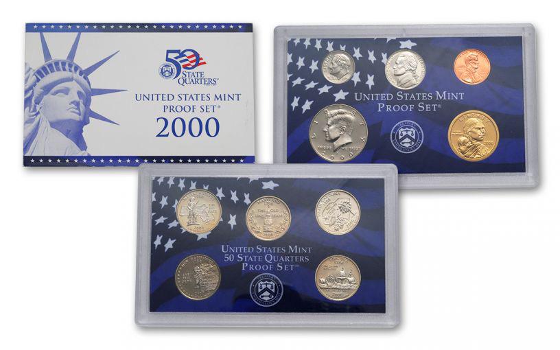 2001 United States Proof Set, 10 Coins Inside!: 2001 United States Proof Set, 10 Coins Inside!. Original packaging: The 2001-S Proof Set comes in two cases. One case contains the Cent, Nickel, Dime, and Half Dollar; the other case contains the year