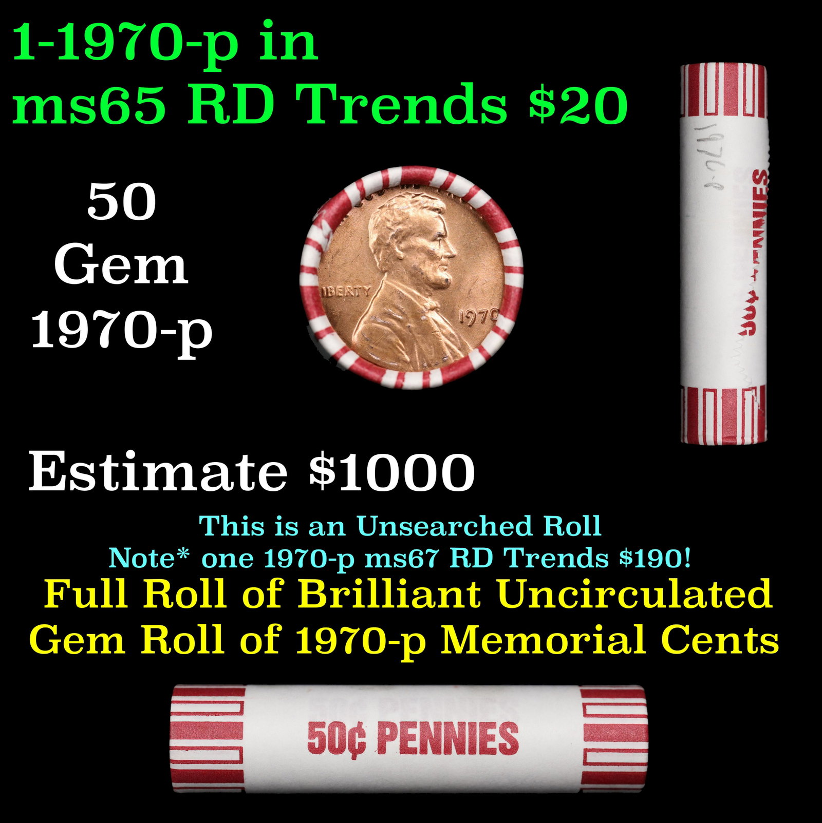 Shotgun Lincoln 1c roll, 1970-p 50 pcs Brandt 50c Wrapper.: Shotgun Lincoln 1c roll, 1970-p 50 pcs Brandt 50c Wrapper.. A terrific Shotgun roll of Lincoln cents. Most if not all coin should be cherry red.