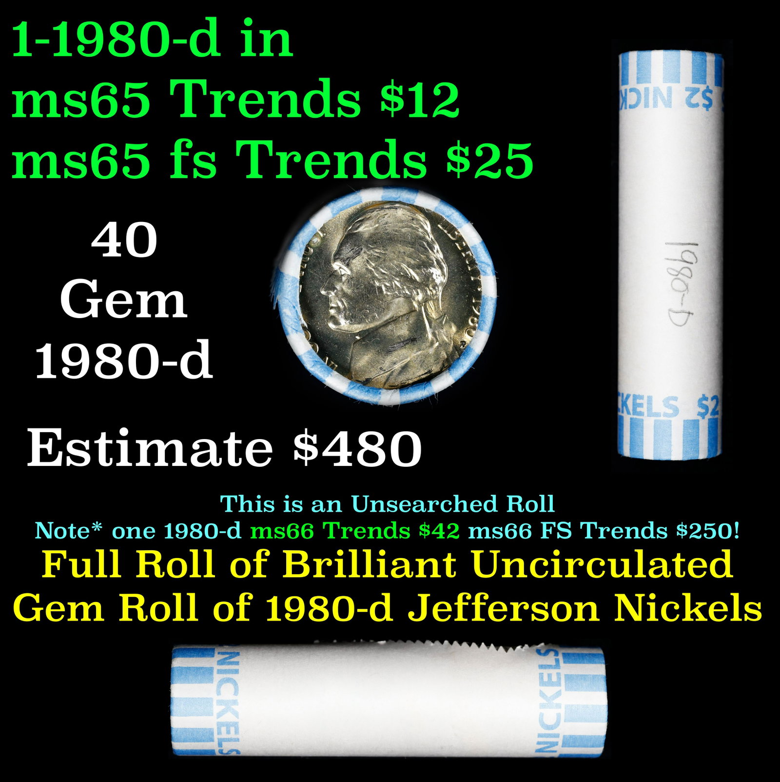 Shotgun Jefferson 5c roll, 1980-d 40 pcs Bank Wrapper: Shotgun Jefferson 5c roll, 1980-d 40 pcs Bank Wrapper. A terrific Shotgun roll of unsearched Jefferson nickles. Most if not all coins should be gem or better