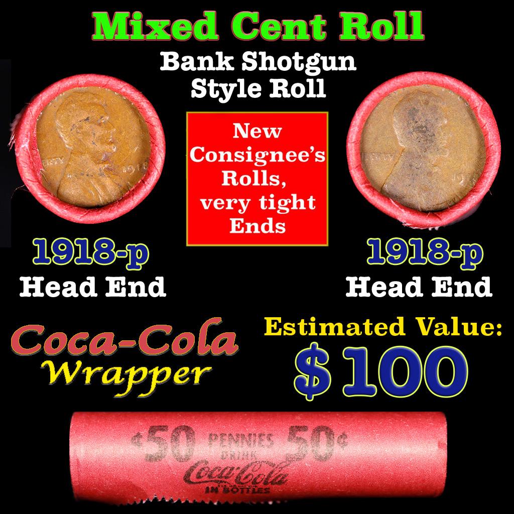 Mixed small cents 1c orig shotgun roll, 1918-p Lincoln Cent, 1918-p Lincoln Cent other end, Coca: Mixed small cents 1c orig shotgun roll, 1918-p Lincoln Cent, 1918-p Lincoln Cent other end, Coca Cola Brandt Wrapper.. The roll is held in an old Rare & Collectable Brinks 'Only Brinks Can Open This S