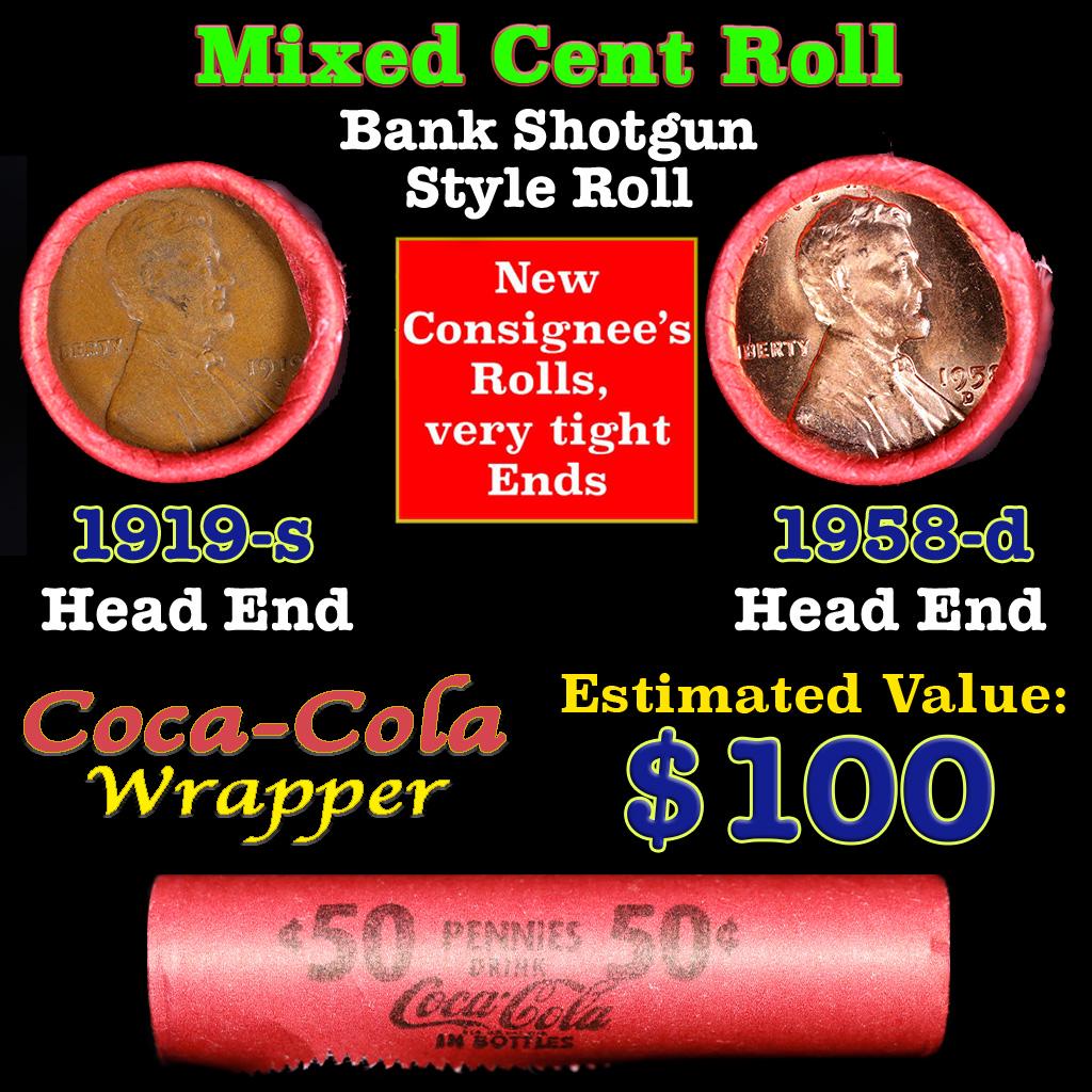 Mixed small cents 1c orig shotgun roll, 1958-d Lincoln Cent, 1919-s Lincoln Cent other end, Coca: Mixed small cents 1c orig shotgun roll, 1958-d Lincoln Cent, 1919-s Lincoln Cent other end, Coca Cola Brandt Wrapper.. The roll is held in an old Rare & Collectable Brinks 'Only Brinks Can Open This S