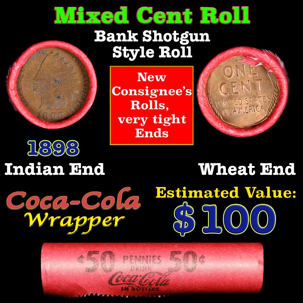 Mixed small cents 1c orig shotgun roll, Wheat Cent, 1898 Indian Cent other end, Coca Cola Brandt: Mixed small cents 1c orig shotgun roll, Wheat Cent, 1898 Indian Cent other end, Coca Cola Brandt Wrapper.. The roll is held in an old Rare & Collectable Brinks 'Only Brinks Can Open This Safe, Chicago