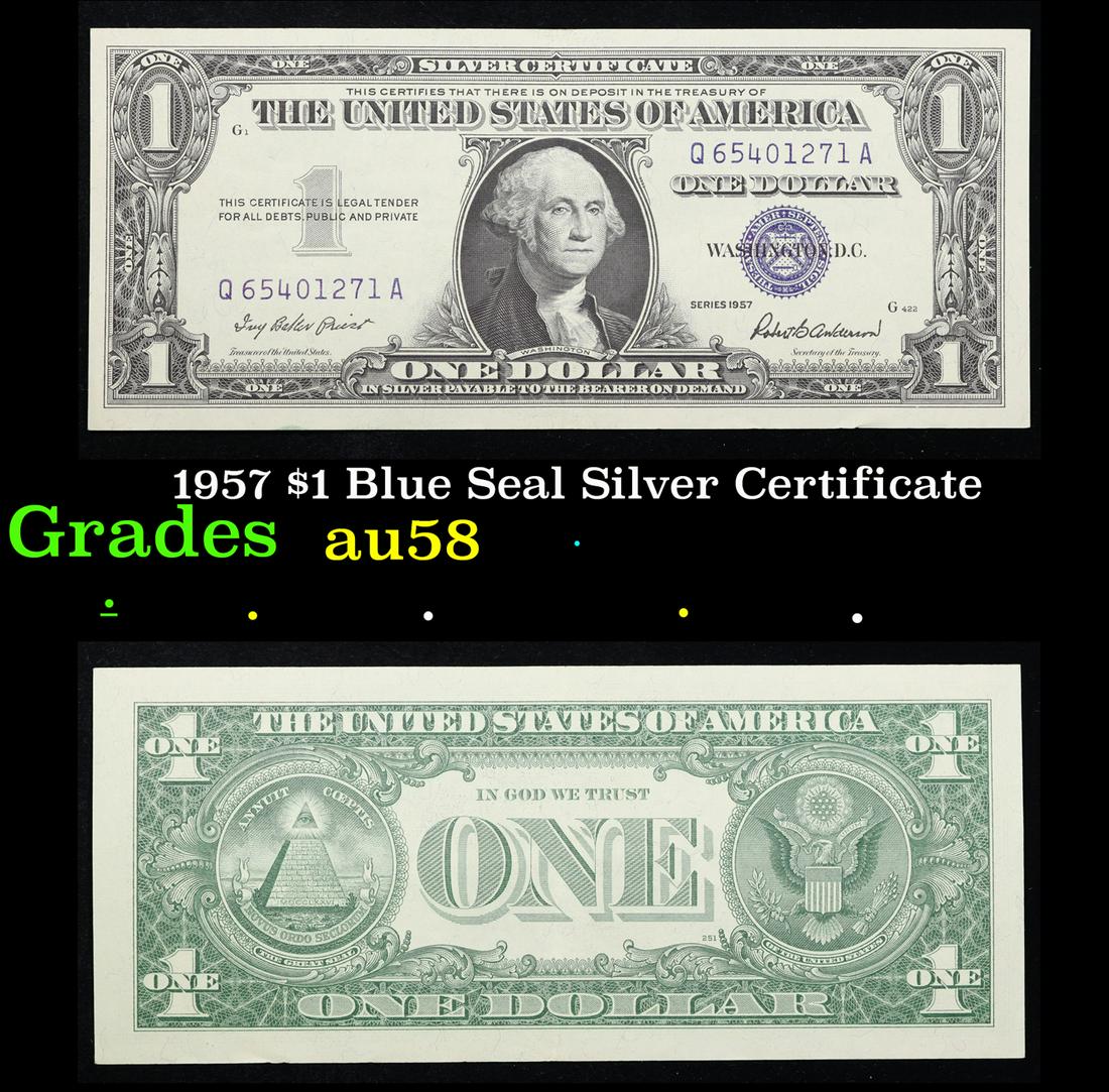 1957 $1 Blue Seal Silver Certificate Grades Choice AU/BU Slider: 1957 $1 Blue Seal Silver Certificate Grades Choice AU/BU Slider. Silver Certificates were redeemable in Silver. One of their most distinctive qualities is the blue Treasury seal and serial numbers. Th