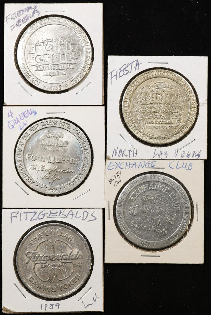 Group of 5 Gaming Tokens these include Exchange Club, Fiesta, Fitsgerald's, Four Queens, Friendly: Group of 5 Gaming Tokens these include Exchange Club, Fiesta, Fitsgerald's, Four Queens, Friendly Fergie's.