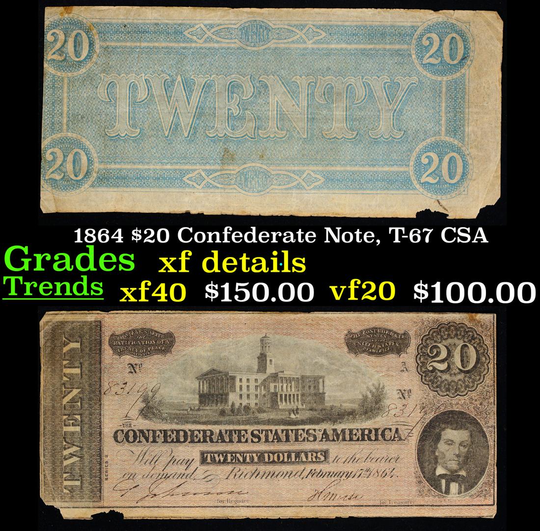 1864 $20 Confederate Note, T-67 CSA Grades xf details (1 of 3)
