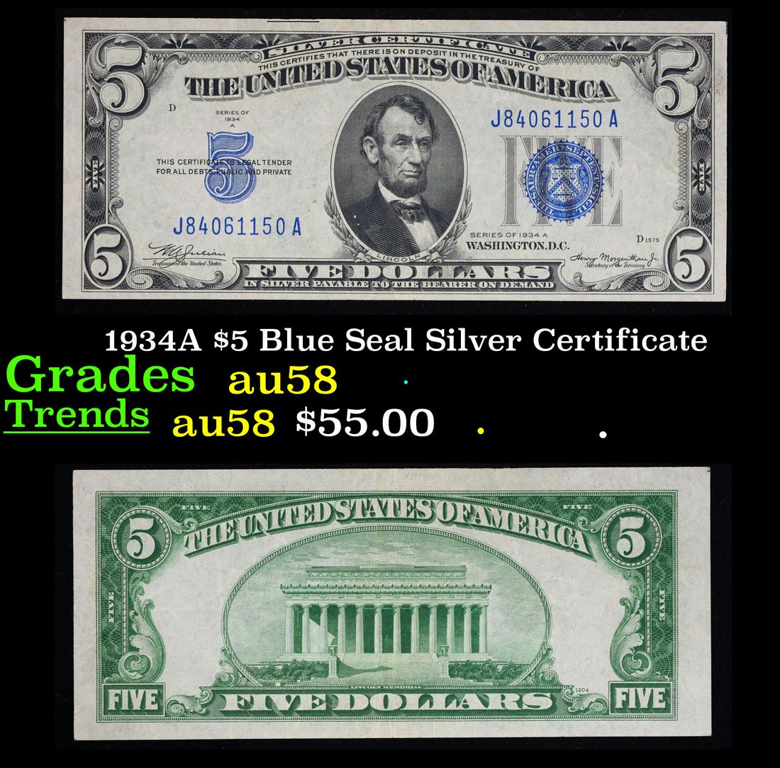 1934A $5 Blue Seal Silver Certificate Grades Choice AU/BU Slider: 1934A $5 Blue Seal Silver Certificate Grades Choice AU/BU Slider.