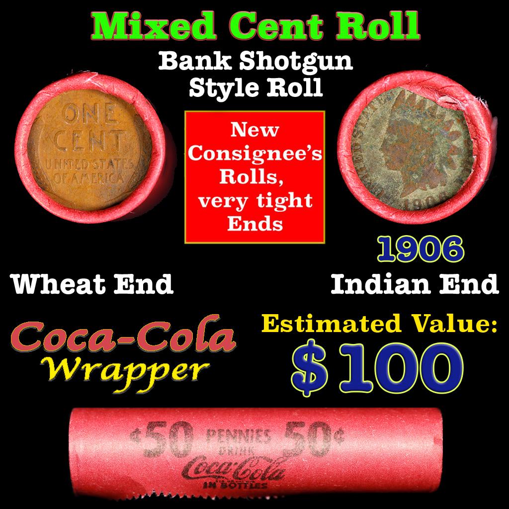 Mixed small cents 1c orig shotgun roll, Wheat Cent, 1906 Indian Cent other end, Coca Cola Brandt (1 of 3)