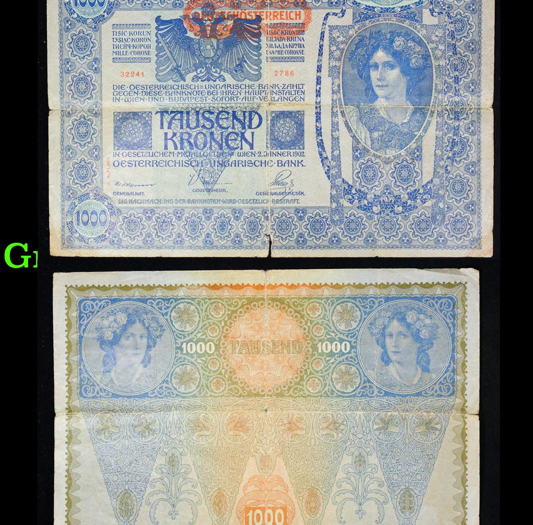 1919 Austria 1,000 Kronen Note P# 59 Grades vf+: 1919 Austria 1,000 Kronen Note P# 59 Grades vf+. Although this large 1000 kronen note bears the date 1902, it was actually issued in 1919 At the end of the First World War, the Austrian Hungarian Empi