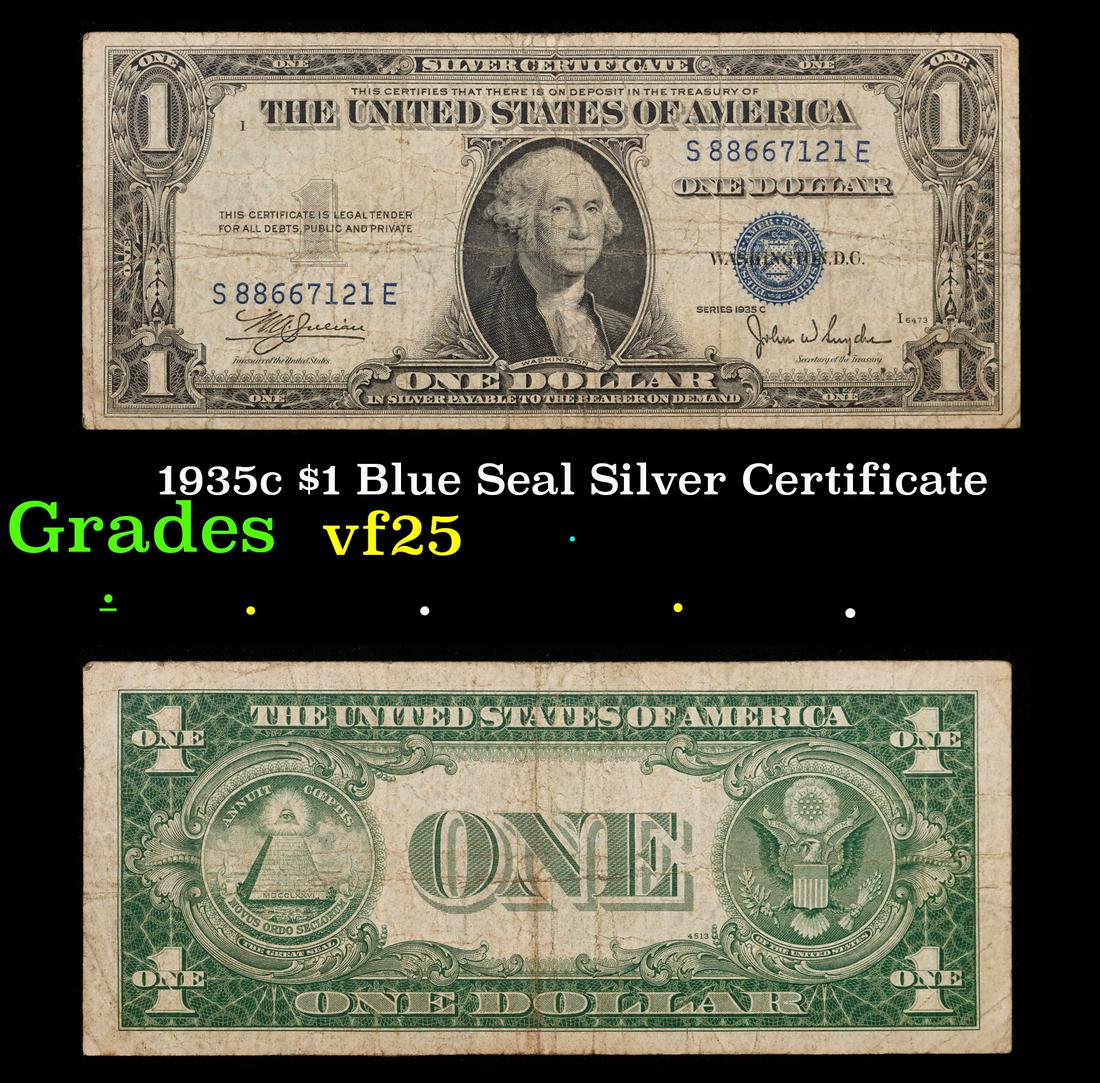 1935c $1 Blue Seal Silver Certificate Grades vf+: 1935c $1 Blue Seal Silver Certificate Grades vf+. Silver Certificates were redeemable in Silver. One of their most distinctive qualities is the blue Treasury seal and serial numbers. These notes inclu