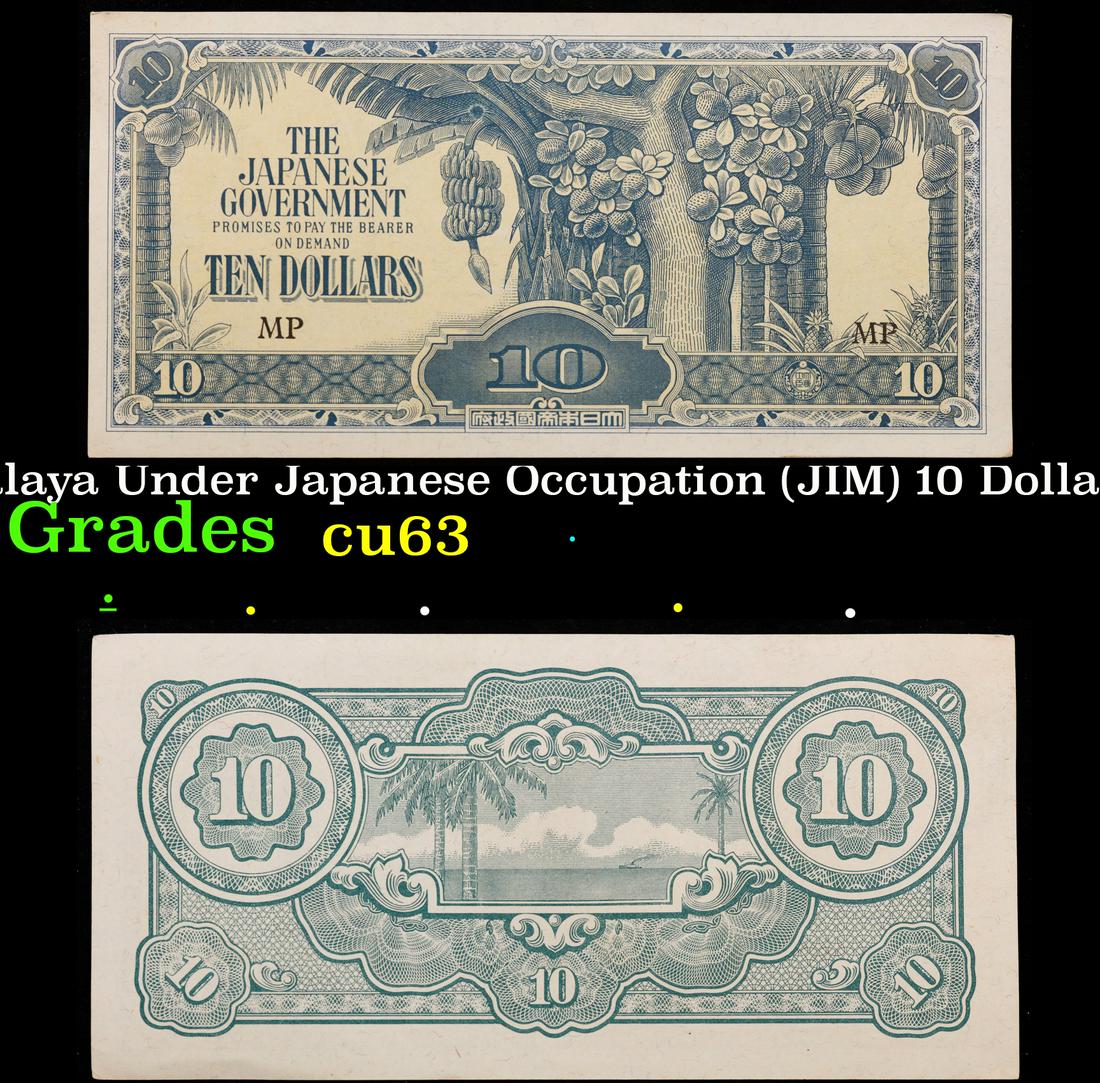 1942-1944 Malaya Under Japanese Occupation (JIM) 10 Dollars note P# M7B Grades Select CU: 1942-1944 Malaya Under Japanese Occupation (JIM) 10 Dollars note P# M7B Grades Select CU. After Japanese forces occupied Malaya early in 1942, they introduced new currency notes. Because the $10 note