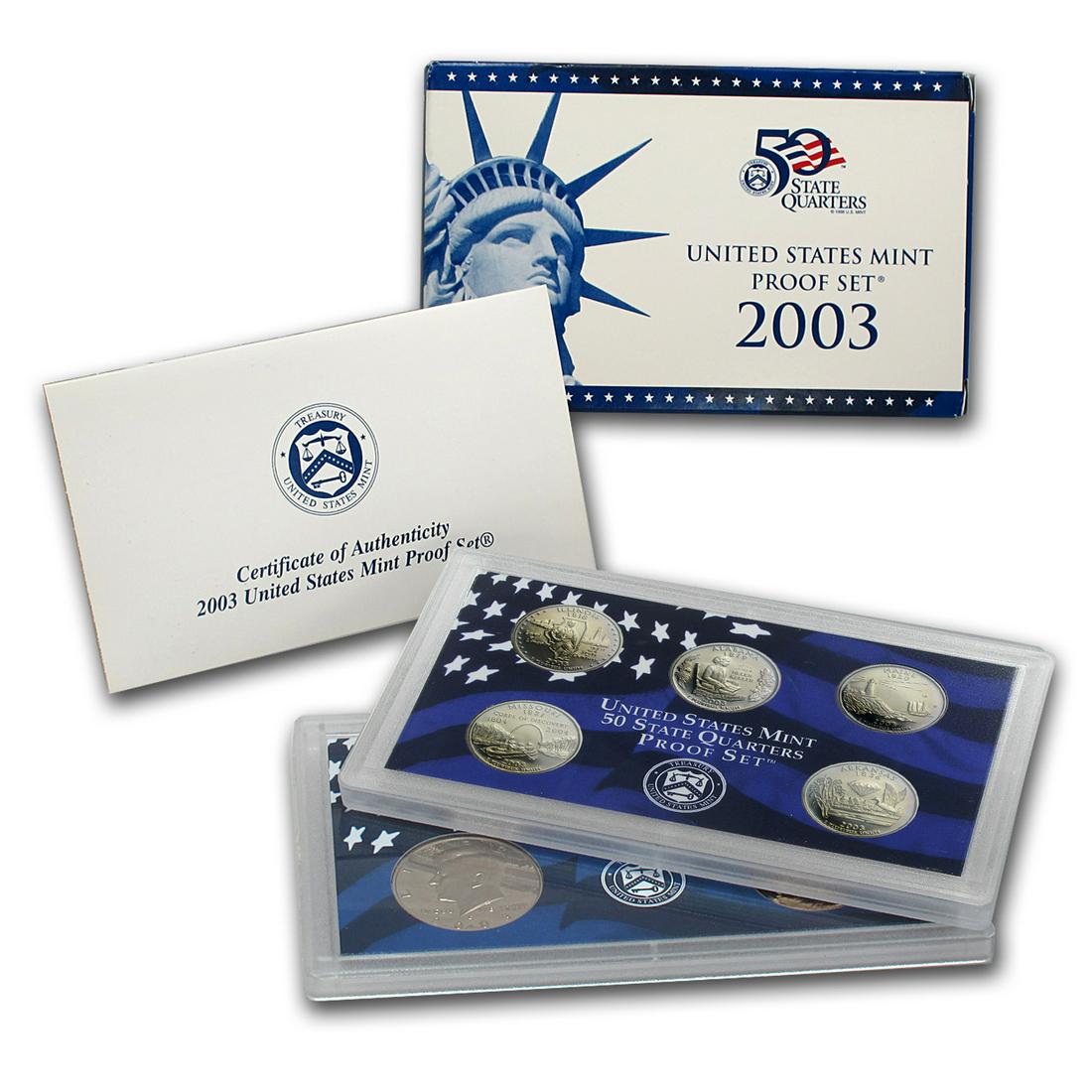 2003 Mint Proof Set, 10 Coins Inside!: 2003 Mint Proof Set, 10 Coins Inside!. Original packaging: The 2003-S Proof Set comes in two cases. One case contains the Cent, Nickel, Dime, Half Dollar and Dollar; the other case contains the yearâ