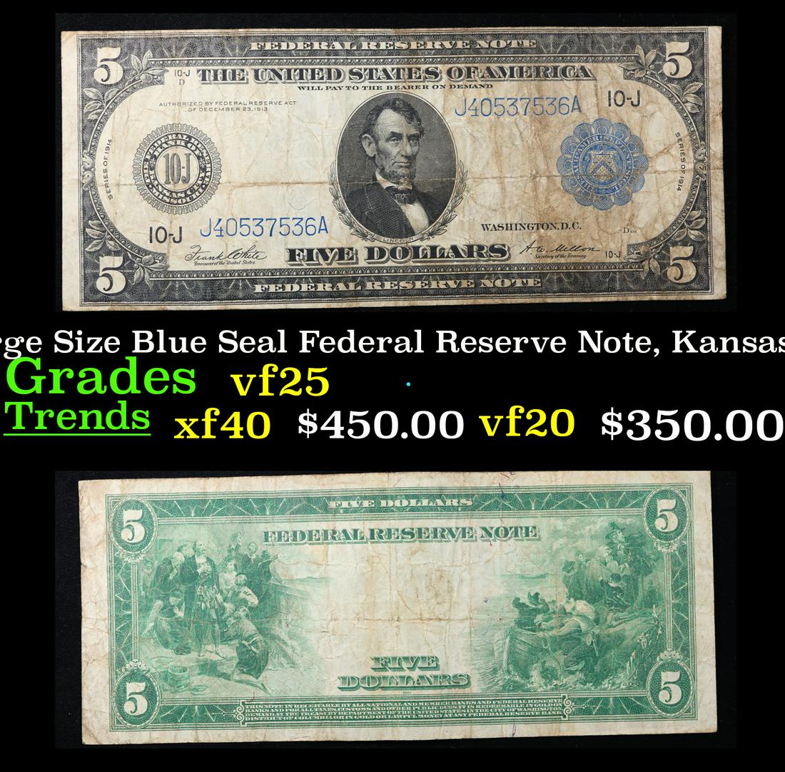 1914 $5 Large Size Blue Seal Federal Reserve Note, Kansas City, MI 10-j Grades vf+ (1 of 3)