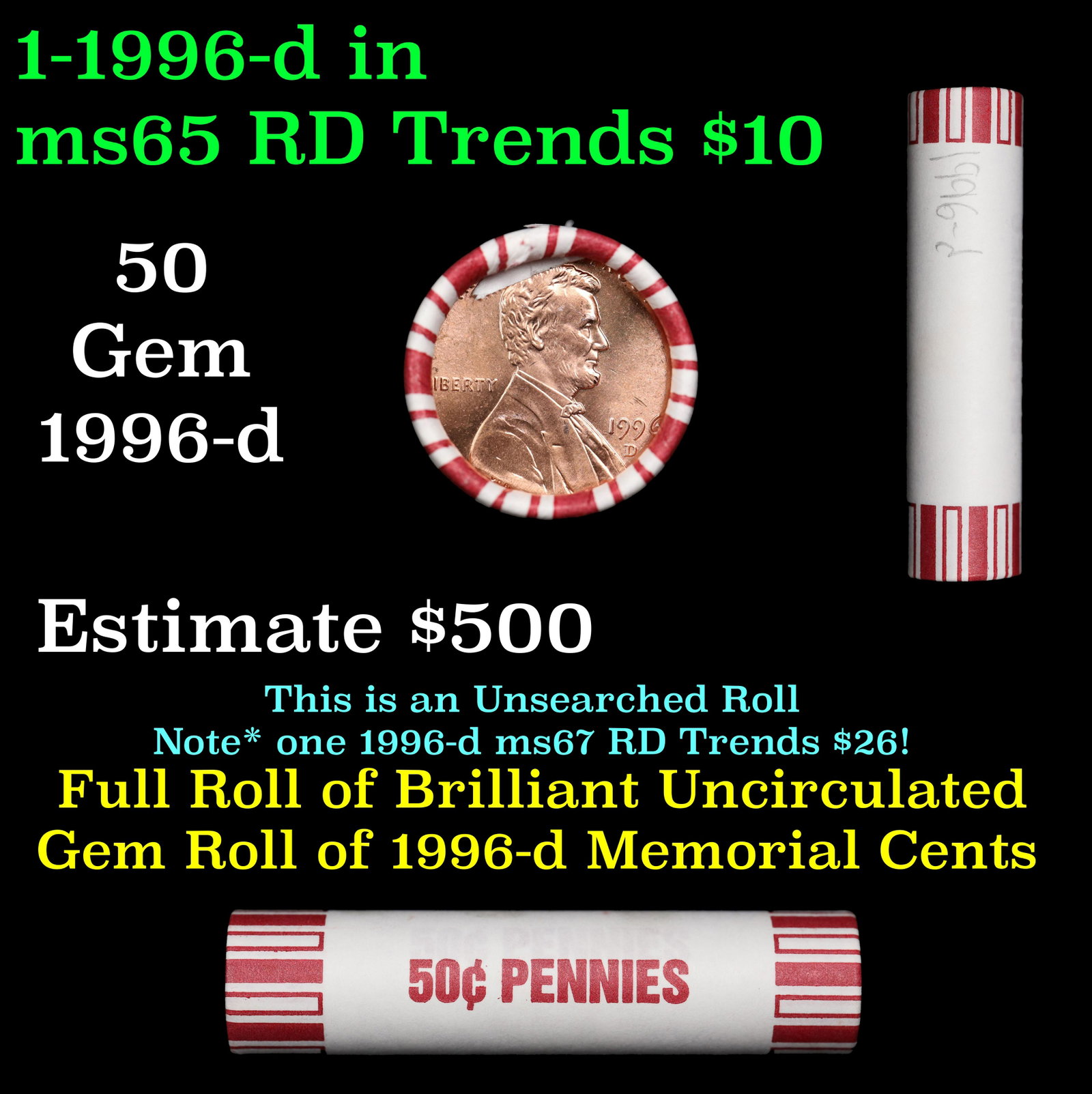 Shotgun Lincoln 1c roll, 1996-d 50 pcs Brandt 50c Wrapper.: Shotgun Lincoln 1c roll, 1996-d 50 pcs Brandt 50c Wrapper.. A terrific Shotgun roll of Lincoln cents. Most if not all coin should be cherry red.