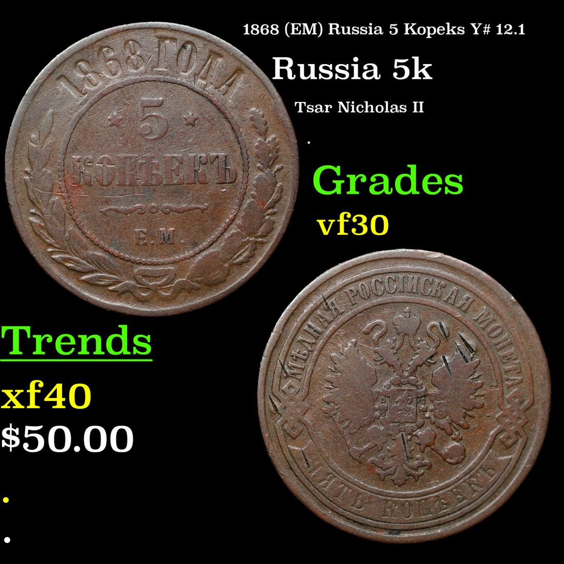 1868 (EM) Russia 5 Kopeks Y# 12.1 Grades vf++ (1 of 3)
