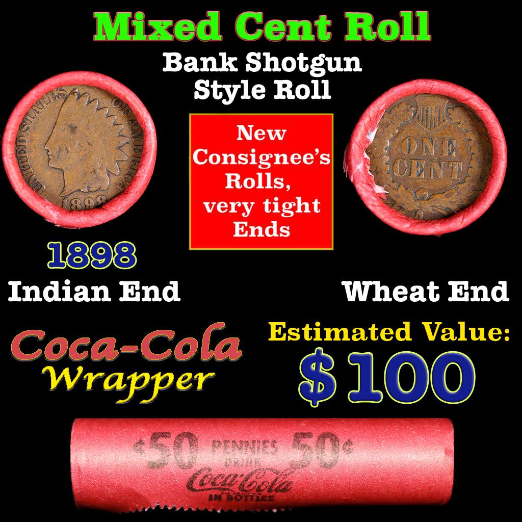 Mixed small cents 1c orig shotgun roll, Wheat Cent, 1898 Indian Cent other end, Coca Cola Brandt: Mixed small cents 1c orig shotgun roll, Wheat Cent, 1898 Indian Cent other end, Coca Cola Brandt Wrapper.. The roll is held in an old Rare & Collectable Brinks 'Only Brinks Can Open This Safe, Chicago