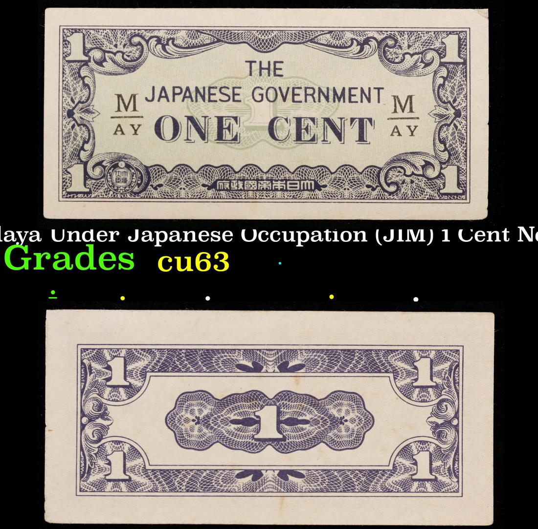 1942 Malaya Under Japanese Occupation (JIM) 1 Cent Note P# M1B Grades Select CU: 1942 Malaya Under Japanese Occupation (JIM) 1 Cent Note P# M1B Grades Select CU. After Japanese forces occupied Malaya early in 1942, they introduced new currency notes. Because the $10 note carried a