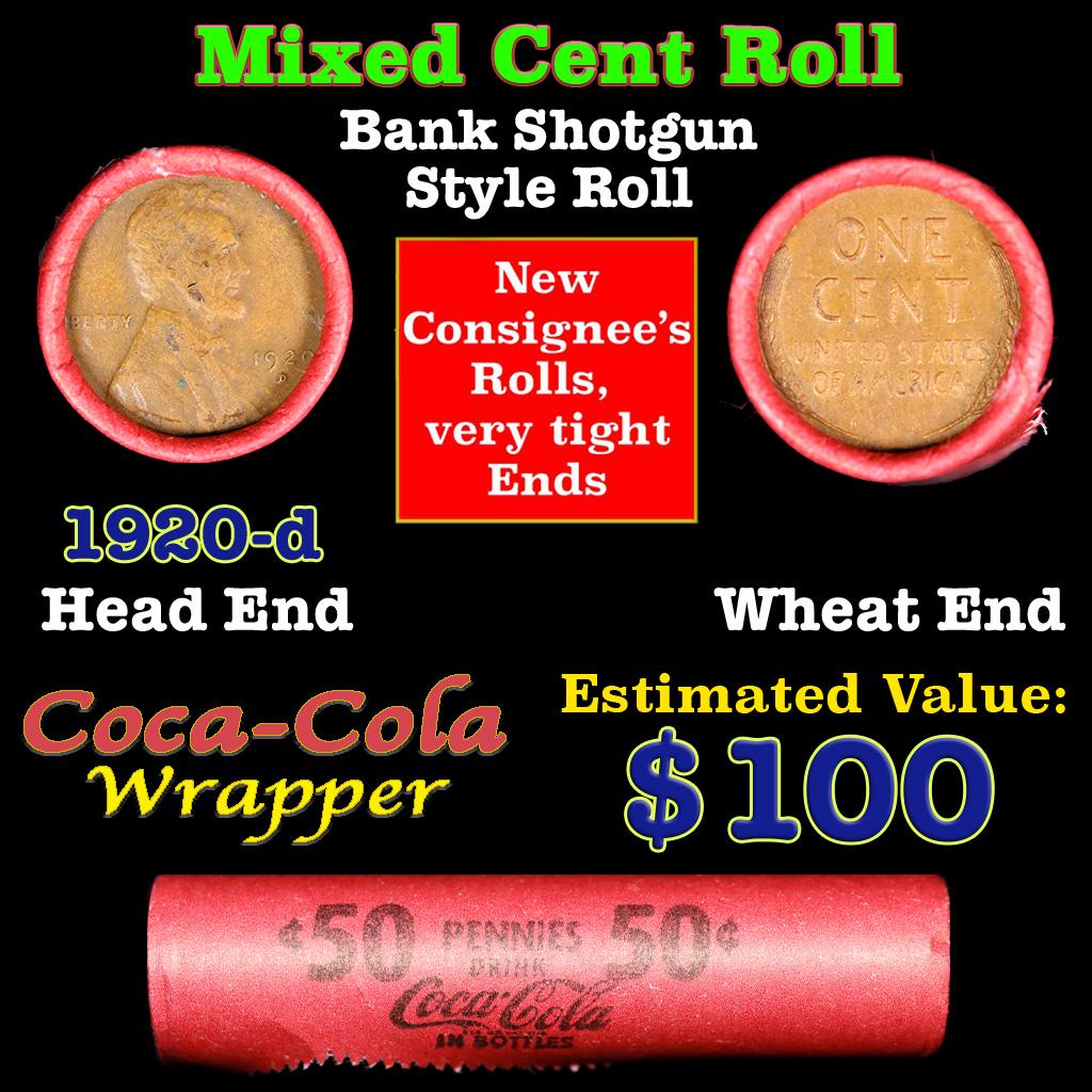 Mixed small cents 1c orig shotgun roll, 1929-d Lincoln Cent, Wheat Cent other end, Coca Cola Brandt (1 of 3)