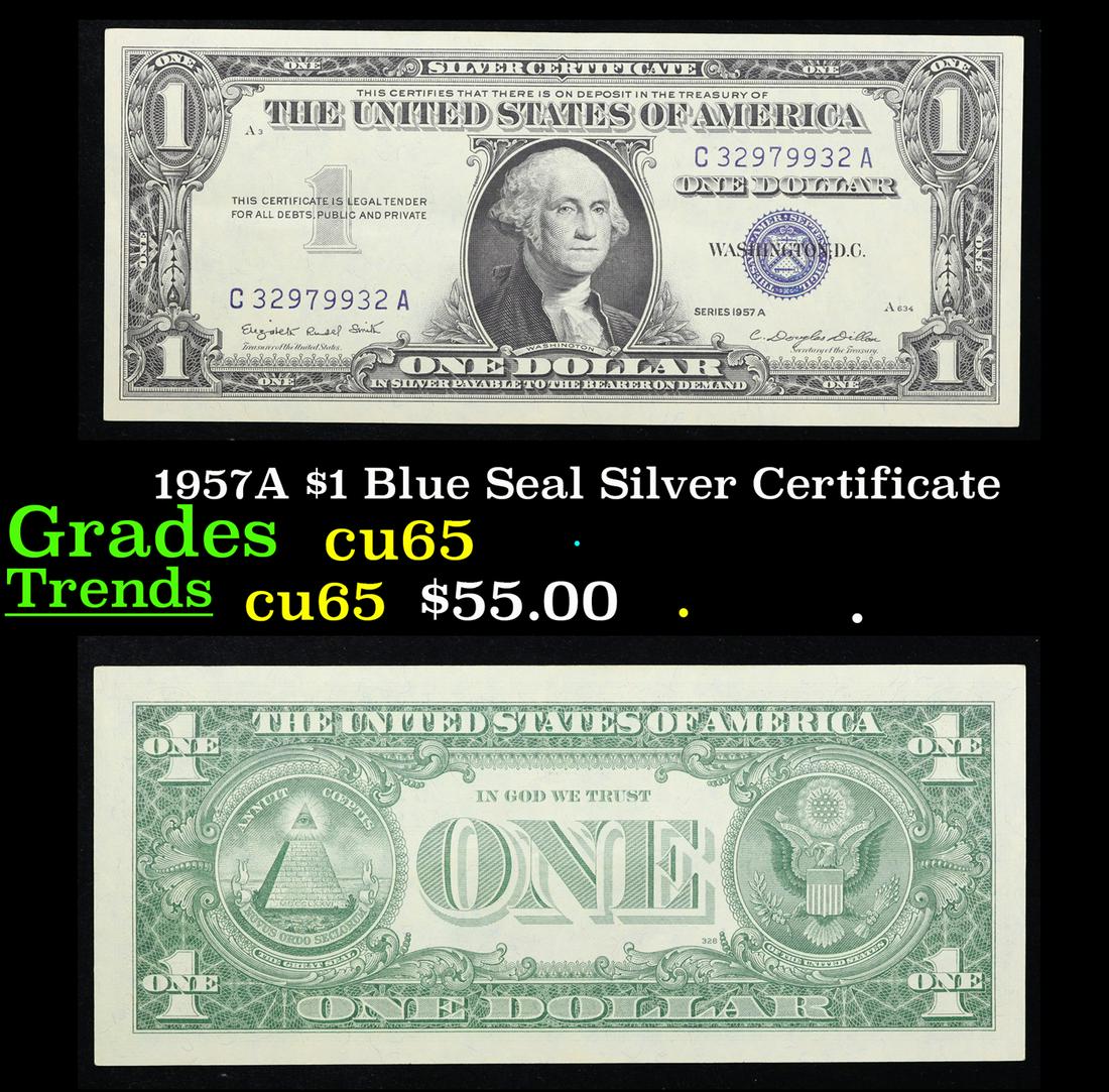 1957A $1 Blue Seal Silver Certificate Grades Gem CU: 1957A $1 Blue Seal Silver Certificate Grades Gem CU. Silver Certificates were redeemable in Silver. One of their most distinctive qualities is the blue Treasury seal and serial numbers. These notes in